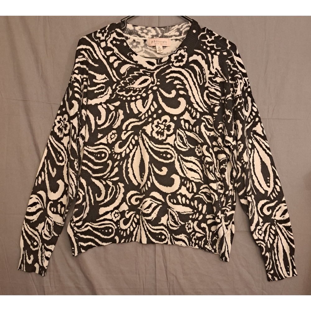 Philosophy Paisley Printed Crewneck Sweater‎ Women's Size PXL Black White